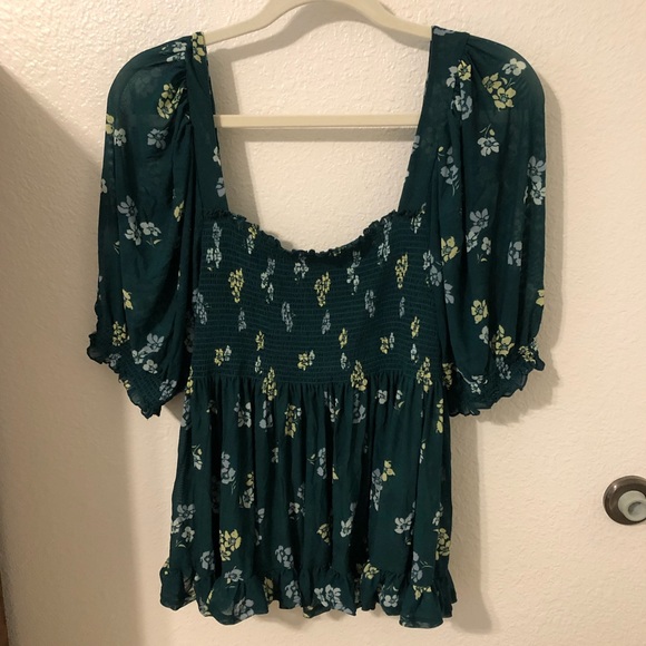 FREE PEOPLE Delta Dawn Emerald Green Floral Mesh Square Neck Smock Top Large - Picture 10 of 11